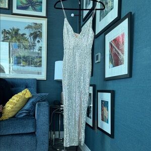 Fashion Nova Silver Sequin Midi Dress